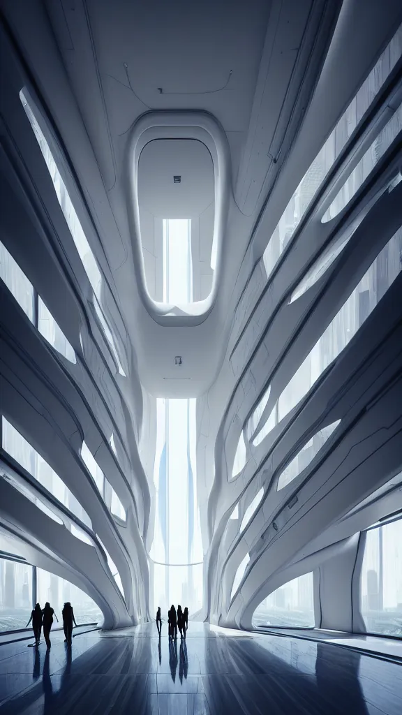 Image similar to the inside of a very tall building, big pods, big windows, octane render, warm colour scheme, white, cyberpunk architecture by zaha hadid, cinematic, scenery, unreal engine, render, cgsociety, modernism, futuristic, artstation, sci - fi, high detail, high quality, close up angle, people walking