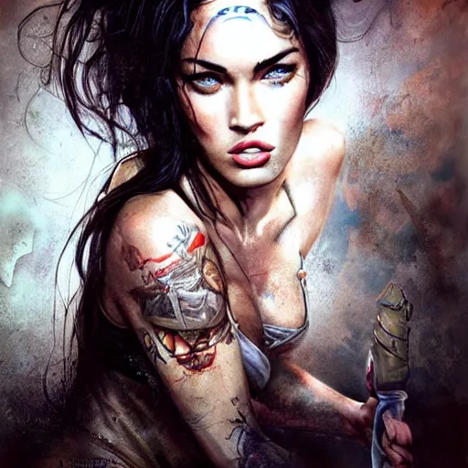 Prompt: Megan Fox on stage playing rock and roll by Bastien Lecouffe-Deharme