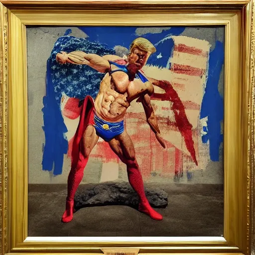 Image similar to ripped physique Portrait Donald trumpwearing a superman costume lucian freud odd nerdrum john hoyland greg rutkowski chris cold andrew wyeth niel welliver peter doig robert rauschenberg mark ryden