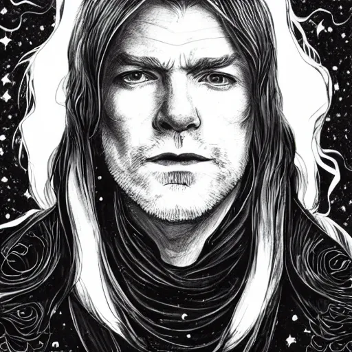 Prompt: black and white pen and ink!!!!!!! Ewan McGregor wearing cosmic space robes made of stars final form flowing royal hair golden!!!! Vagabond!!!!!!!! floating magic swordsman!!!! glides through a beautiful!!!!!!! Camellia flower battlefield dramatic esoteric!!!!!! Long hair flowing dancing illustrated in high detail!!!!!!!! by Moebius and Hiroya Oku!!!!!!!!! graphic novel published on 2049 award winning!!!! full body portrait!!!!! action exposition manga panel black and white Shonen Jump issue by David Lynch eraserhead and beautiful line art Hirohiko Araki!! Rossetti, Millais, Mucha, Jojo's Bizzare Adventure