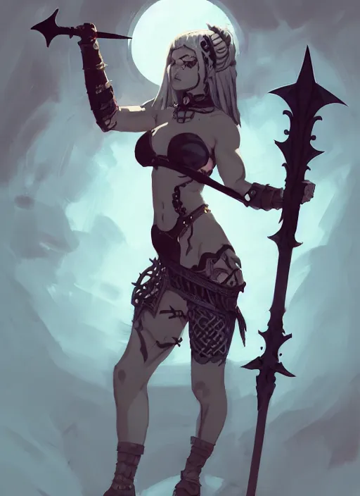 Image similar to portrait of cute goth muscular warrior girl cowered in celtic tattoos, dressed in armor bikini, holding a sword, dark fantasy, by atey ghailan, by greg rutkowski, by greg tocchini, by james gilleard, by joe gb fenton, by kaethe butcher, dynamic lighting, gradient light blue, brown, blonde cream and white color in scheme, grunge aesthetic