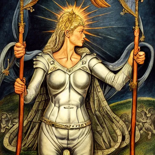 Prompt: jeanne d'arc in the style of william blake, terese nielsen, detailed, intricate, beautiful faces, steve argyle, o fortuna!, detailed, intricate pastoral fantastic reality, 8 k resolution,