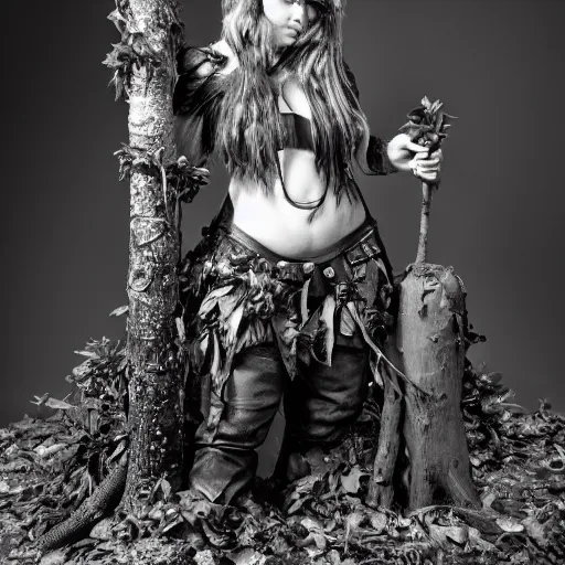 Prompt: deep gnome druid with leather clothing and leaves and sticks in her hair, photo by annie leibovitz b&w