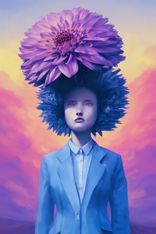 Image similar to closeup giant dahlia flower head, girl in a suit, in a city, surreal photography, blue sky, sunrise, dramatic light, impressionist painting, digital painting, artstation, simon stalenhag