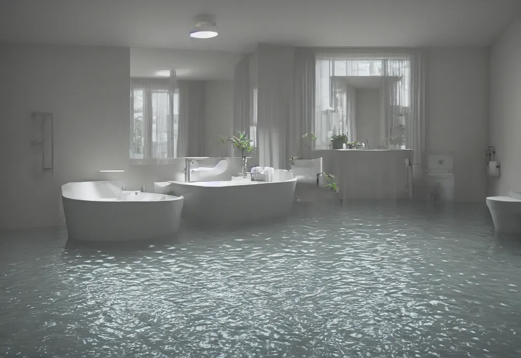 Image similar to kodak portra 4 0 0 photographic and realistic, interior of a bathroom, detailed, octane render, unreal engine, 4 k, artstation, hyper realistic, wide angle, floor flooded, how a river, objects that float, 3 5 mm, sharp focus, soft light, volumetric light fog, in the style of gregory crewdson