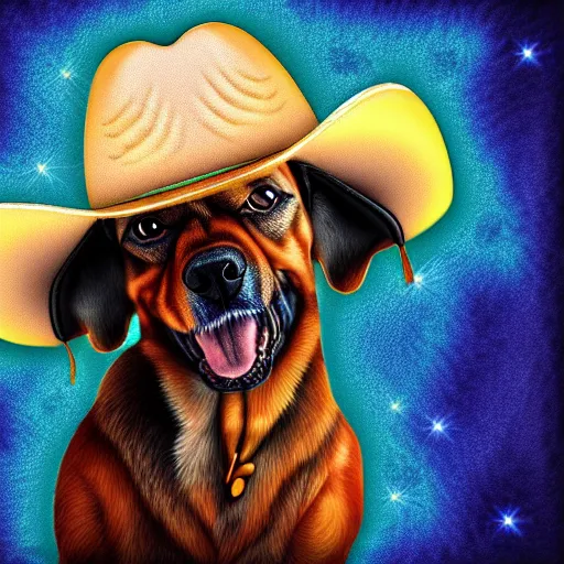 Image similar to a cute dog wearing a cowboy hat,pale colors, google deep dream