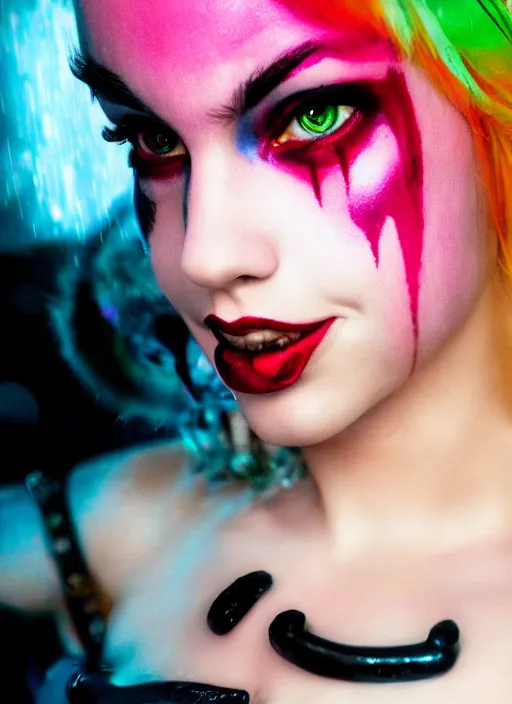 Prompt: closeup headshot of seductive harley quinn in the rain, bladerunner, tension, jim lee, frank miller, night club, futurepunk, pinup, nagel, arney fretag, vibrant, greg rutkowski, octane!