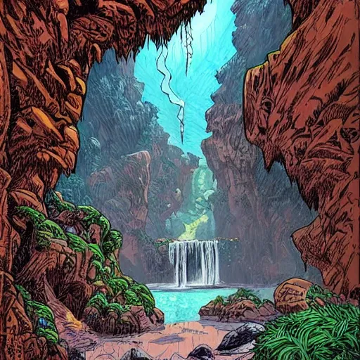 Prompt: precisely drawn illustration of a cave with a waterfall inside, wide angle, sharp, fine details, French comic style, vibrant realistic colors, full color, heroic fantasy, intense line art, 8k, precise linework, realistic, in the style of Richard Corben and Moebius