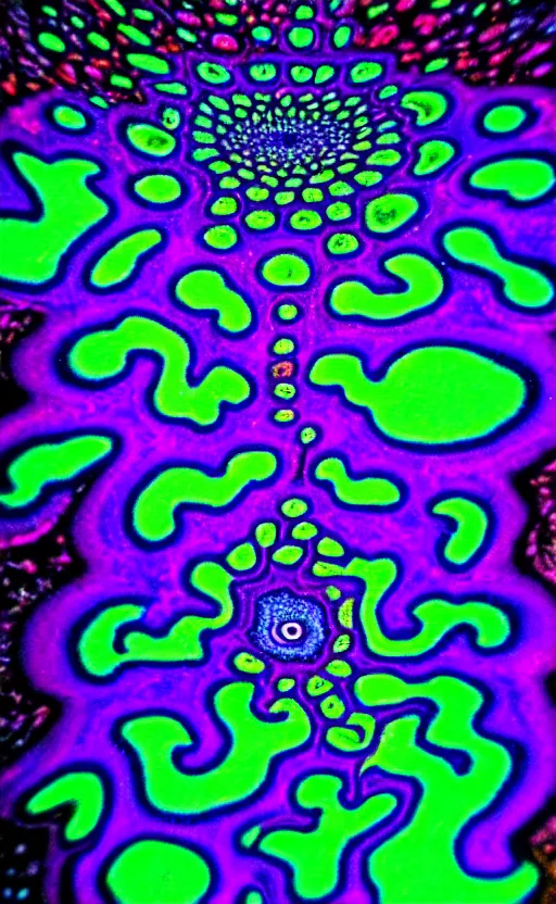 Image similar to looking down at trippy alien world with large psychedelic mushrooms