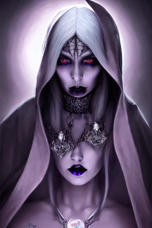 Image similar to hyper realistic portrait art of a female drow necromancer, wearing gothic trinkets, beautiful face, dark hooded robes, moonlit, ghostly atmosphere, spirits, long dark hair, by stanley artgerm lau, wlop, rossdraws, james jean, andrei riabovitchev, marc simonetti, and sakimichan, tranding on artstation