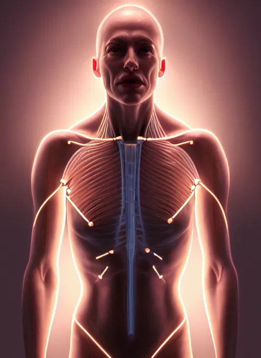 Image similar to portrait of a human diagram, human muscle medical diagram with good cable management, intricate, elegant, glowing lights, highly detailed, digital painting, artstation, concept art, smooth, sharp focus, illustration, art by wlop, mars ravelo and greg rutkowski