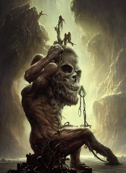 Image similar to shackled in styx river of the underworld, frank frank frazetta and cgsociety, stunning sasquatch, blood splatters, charlie bowater and tom bagshaw, insanely detailed, deviantart, space art, atoms surrounded by skulls, death, and spirits flying, water fall, horror, sci - fi, surrealist painting, by peter mohrbacher