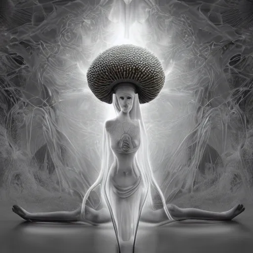 Prompt: mushroom goddess with extremely elegant headdress with group of elders in a ceremony for plant medicine, beautiful, marvelous designer, cloth physics, mocap, deviantart, yoshitaka amano, alex grey, black and white, beautiful lighting, photorealistic, concept art, perfect render, 3 d render, unreal engine, 8 k