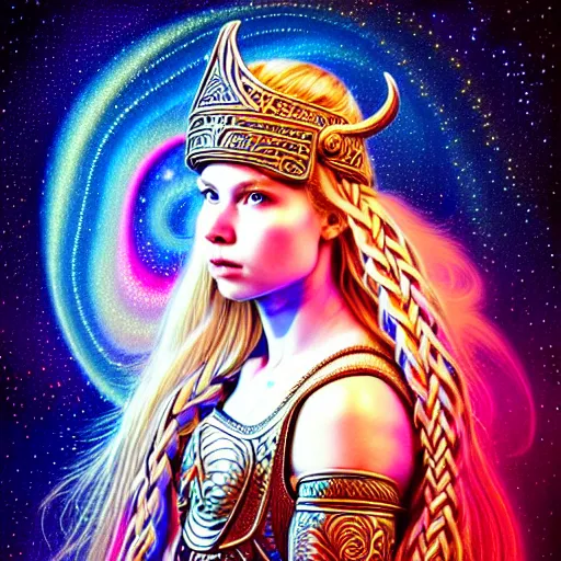 Prompt: beautiful, irridescent, and refined engraved fractal ornate, realistic, and regal high key studio anaglyph portrait of an attractive young viking princess with braided blonde hair and a helmet in front of a brilliant nebula by Eric Lafforgue, by Suicide Girls, by Dan Mumford, by Jim Fitzpatrick, featured on deviant art, trending on artstation