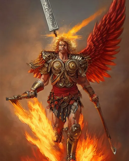 Prompt: character portrait of a brawny male warrior angel of justice, wielding a flaming sword and shield, with fiery golden wings of flame, wearing shining armor, by peter mohrbacher, mark brooks, jim burns, wadim kashin, greg rutkowski, larry elmore, trending on artstation