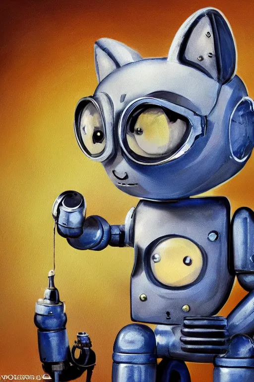 Image similar to a cute cat robot, painted by wally wood and matt jefferies, trending on artstation, steam punk, bright macro view pixar, award - winning, blueprint, chillwave, realism