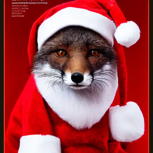 Prompt: award winning portrait of a fox animal with a red santa claus hat, on the cover of a magazine, Hasselblad photograph, f1.2, elegant highly detailed digital