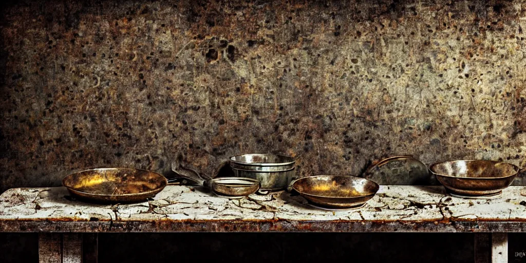 Image similar to decaying rotting puppies, moldy, on an antique distressed table top, metal kitchen utensils, old kitchen backdrop angled view, dark kitchen, style by peter lippmann, intricate detail,