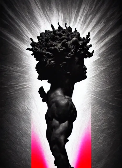 Prompt: dark design poster showing a statue of dionysus, mostly monochromatic, black background with very subtle red and purple design elements, powerful, nekro, vito acconci, thin straight lines, dark, glitch art, neo vaporwave, gritty, layout frame, square, trending on artstation