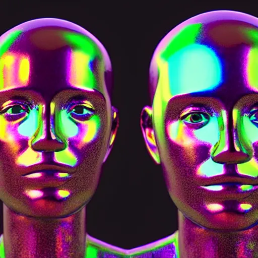 Image similar to 3d render of holographic human robotic head made of glossy iridescent, surrealistic 3d illustration of a human face non-binary, non binary model, 3d model human, cryengine, made of holographic texture, holographic material, holographic rainbow, concept of cyborg and artificial intelligence