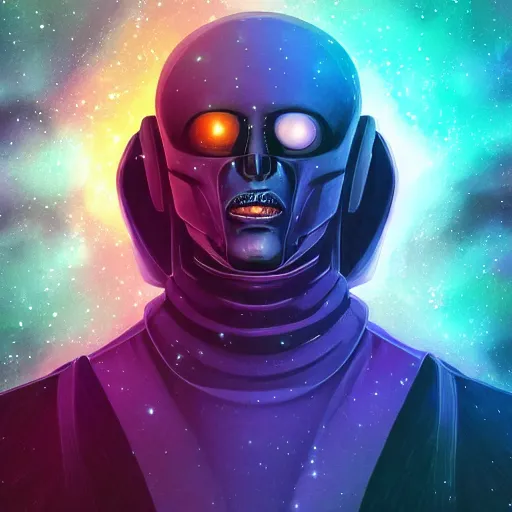 Prompt: portrait from a raven crow alien, synthwave, universe background, nebula, galaxy, artstation