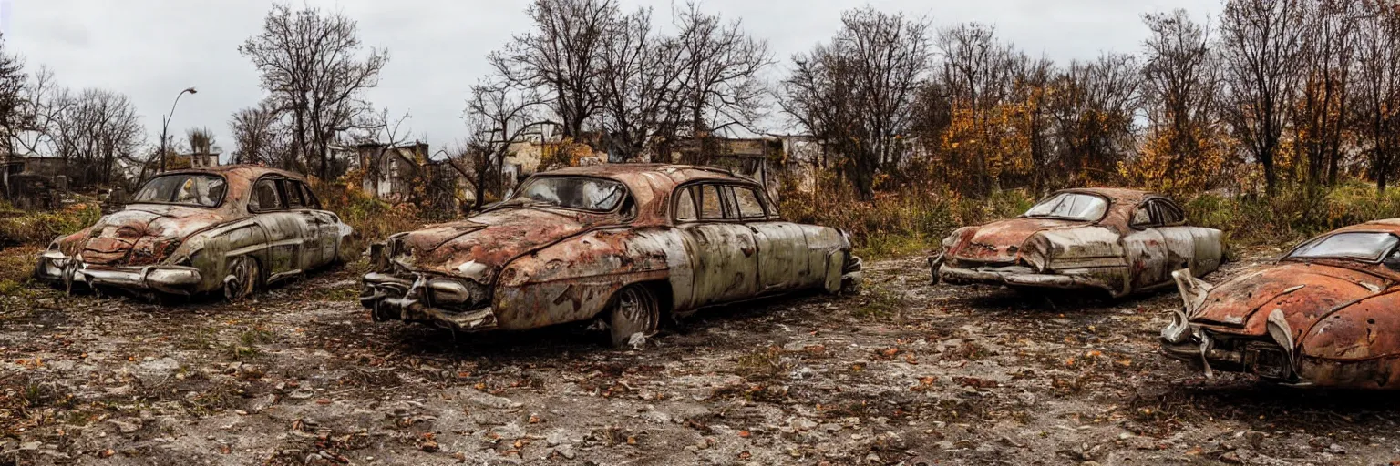 Image similar to low wide angle shot of dilapidated fallout 5 europa, retro futuristic overgrown euro rural town, decrepit road, dilapidated european houses, few rusted retro futuristic vintage parked vehicles like cars, volumetric lighting, photorealistic, daytime, autumn, cold sunny weather, sharp focus, ultra detailed, 4 2 0 0 k