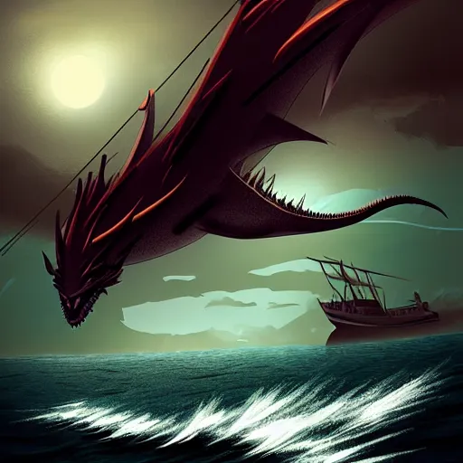 Prompt: in the style of artgerm, a LARGE SEA DRAGON attacking a BOAT, rough seas, night, lighting, cinematic lighting