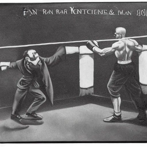 Prompt: Karl Marx and Ayn Rand boxing, photo, 1920, boxing ring background