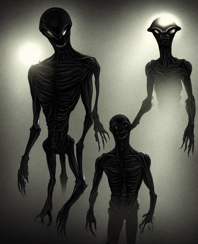 Prompt: man alien standing in the corner of a room, menacingly with huge dark soulless eyes, dramatic lighting, terror art