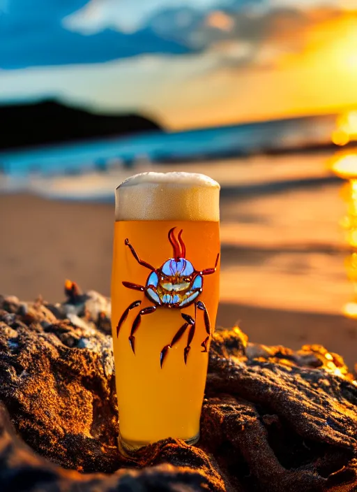 Image similar to a happy crab beside a beer at the beach, golden hour, bokeh, 4k