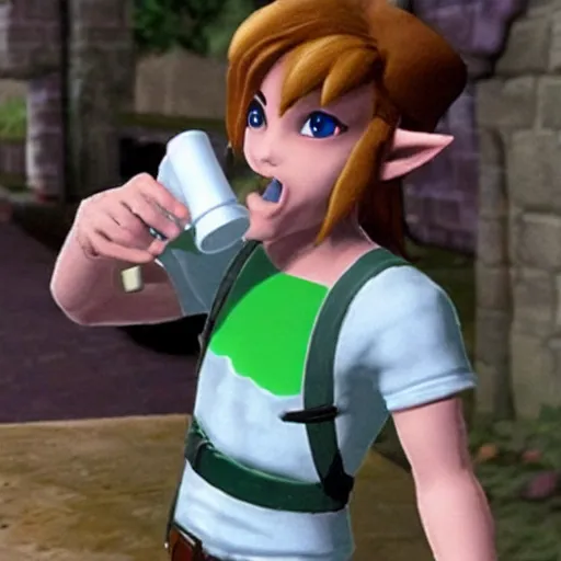 Image similar to link aggressively drinks milk from a bottle, legend of zelda