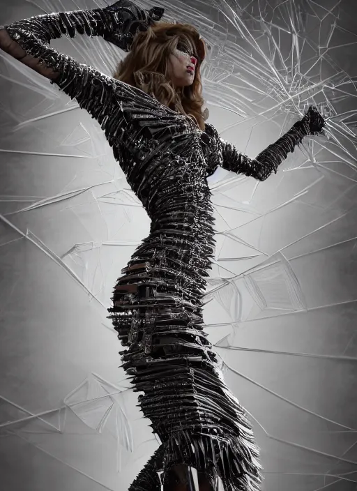 Image similar to expressive full body photo of bridget bardot, dress made of steel blades, glamour shot, by karol bak, stefan gesell, photorealistic, nikon d 4 x, fashion photography, hyper maximalist, elegant, ornate, luxury, elite, environmental portrait, symmetrical features, octane render, unreal engine, solid dark grey background, dramatic lights