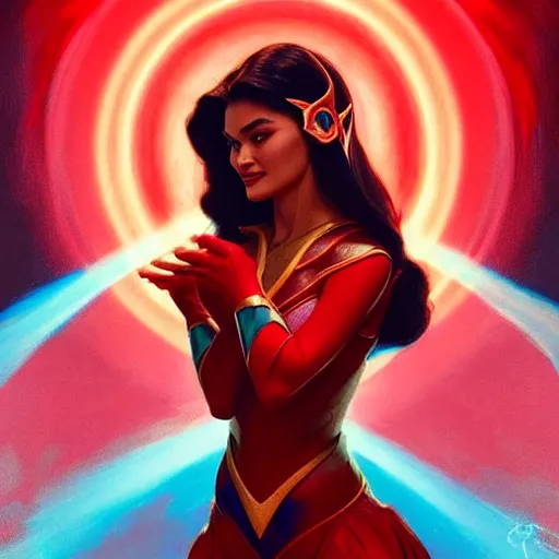 Image similar to pia wurtzbach as darna, volumetric lights, red and cyan theme, art nouveau botanicals, intricate, highly detailed, digital painting, artstation, concept art, smooth, sharp focus, cinematic, illustration, beautiful face, art by artgerm and greg rutkowski and alphonse mucha