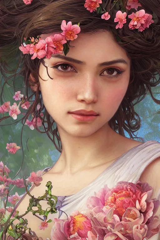 Image similar to ultra realistic illustration, mexican girl with flowers blossoming, elegant, highly detailed, digital painting, concept art, smooth, sharp focus, illustration, art by artgerm and greg rutkowski and alphonse mucha