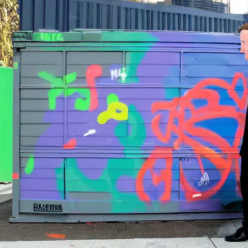 Image similar to mark zuckerburg huffing paint behind graffiti dumpster