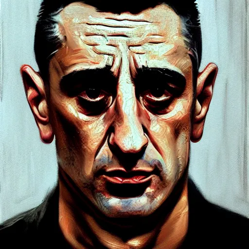 Image similar to realistic portrait of travis bickle ( robert deniro ), trending on artstation, low angle oil painting and composition laws, cinematic lighting, hyperdetailed, cgsociety, 8 k, martin scorsese cinematography, taxi driver