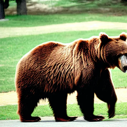 Image similar to A Brown Bear Is a Door to Door Vacuum Cleaner Salesman, Nikon 35mm