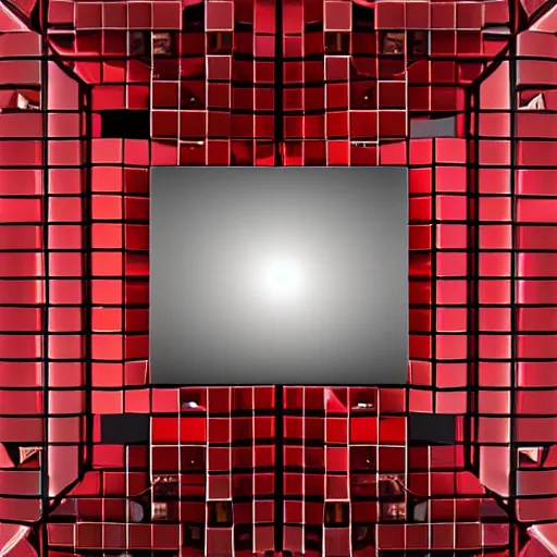 Prompt: chrome spheres on a red cube, dither