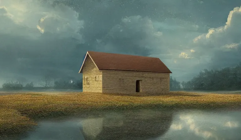 Prompt: A serene landscape with a singular building in the style of cinematic.