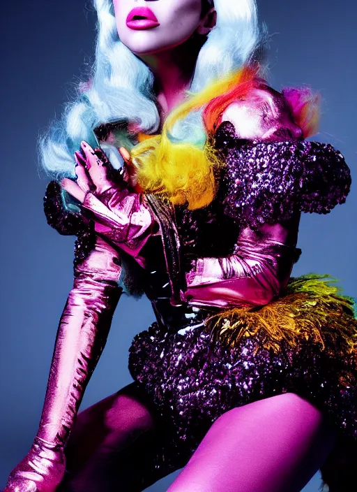 Image similar to lady gaga photoshoot by david lachapelle, high fashion, colourful set, studio lighting Highly realistic. High resolution. Highly detailed. Dramatic. 8k.4k.