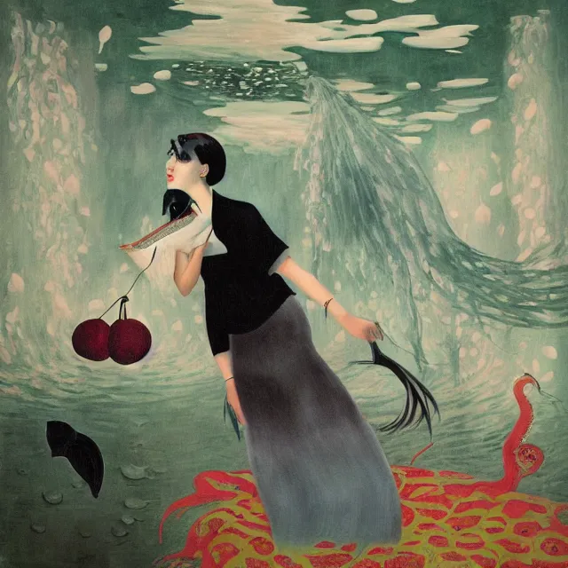 Image similar to tall emo female artist holding a large fish in her flooded kitchen, pomegranates, octopus, water gushing from ceiling, painting of flood waters inside an artist's apartment, a river flooding indoors, ikebana, zen, rapids, waterfall, black swans, canoe, berries, acrylic on canvas, surrealist, by magritte and monet