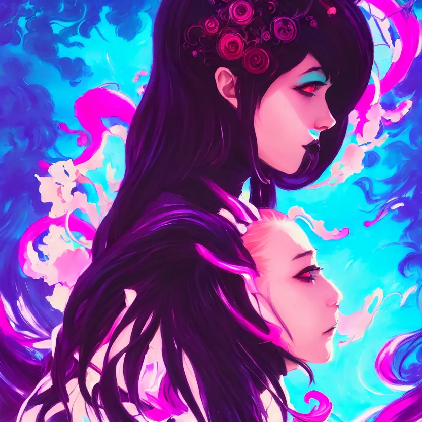 prompthunt: side profile macro portrait, cute modern gothic anime girl with  synthwave flower background, gloomhaven, colorful swirly retrowave style  fantasy poster, by greg manchess, lois van baarle, sachin teng, greg  rutkowski, jesper