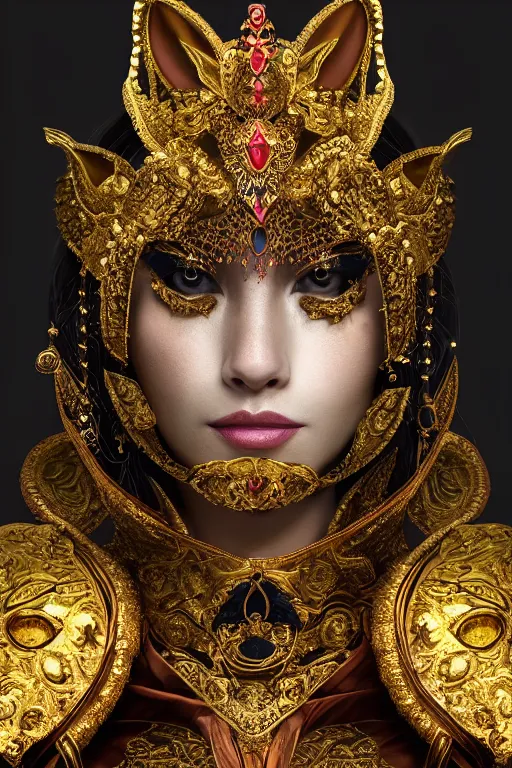 Image similar to a beautiful empress portrait, with a brilliant, impossible striking big Cat headpiece, clothes made of cats, everything cats, symmetrical, dramatic studio lighting, rococo, baroque, greens, asian, hyperrealism, closeup, D&D, fantasy, intricate, elegant, highly detailed, digital painting, artstation, octane render, 8k, concept art, matte, sharp focus, illustration, art by Artgerm and Greg Rutkowski and Alphonse Mucha