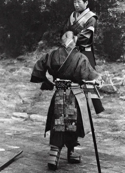Prompt: old photo of a samurai inspecting his sword