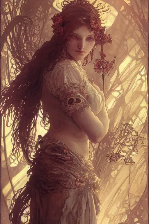 Image similar to beautiful natural coy cottagecore demonic gothic maiden, master drawing, intricate, elegant, highly detailed, digital painting, artstation, concept art, smooth, sharp focus, illustration, art alphonse mucha and james gurney and craig mullins and wlop