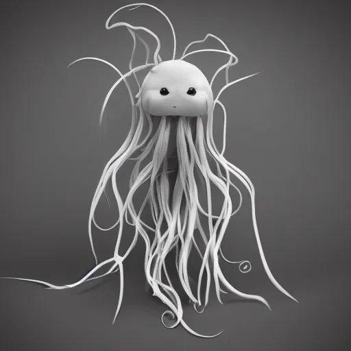 Image similar to cute fumo plush of an eldritch jellyfish girl with hundreds of tendrils, cute, vray render with caustics, black and white