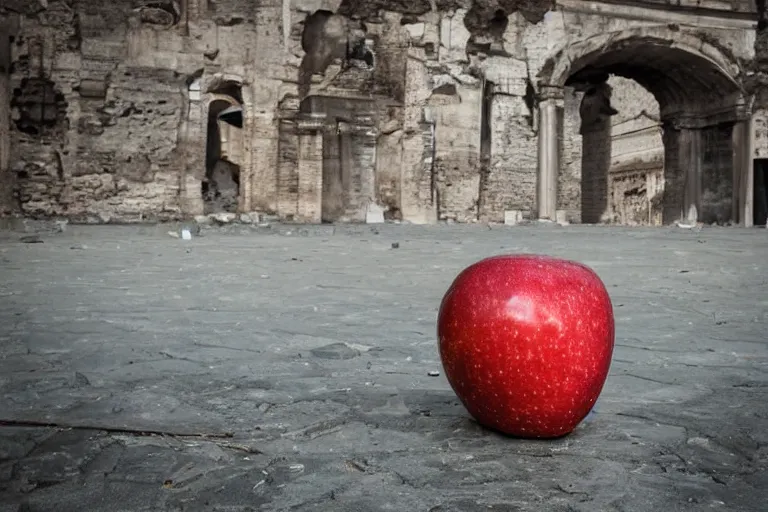 Image similar to An apple sitting on a table over the ruins of a sacked Rome, award winning photograph.