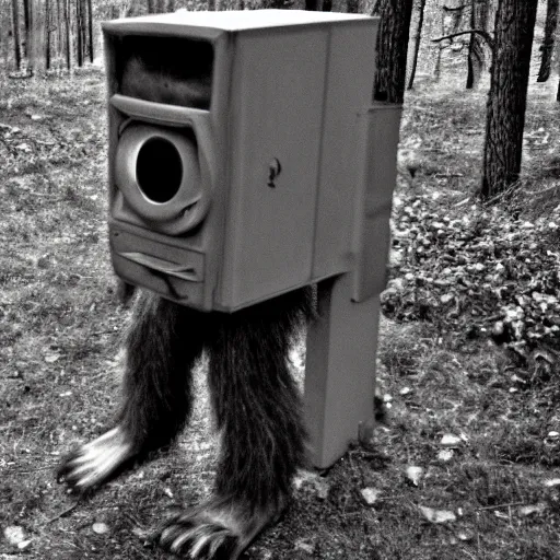 Prompt: a trailcam photo of a real life bigfoot, grainy, vintage, crt