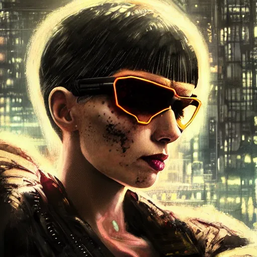 Prompt: molly millions, closeup portrait of a muscular beautiful cyberpunk mercenary, sunglasses, shag haircut, megacity background, gorgeous view, film noir, promotional art, neuromancer, ghost in the shell, blade runner, dystopia, depth, painted by seb mckinnon, painted by greg rutkowski, digital art, trending on artstation