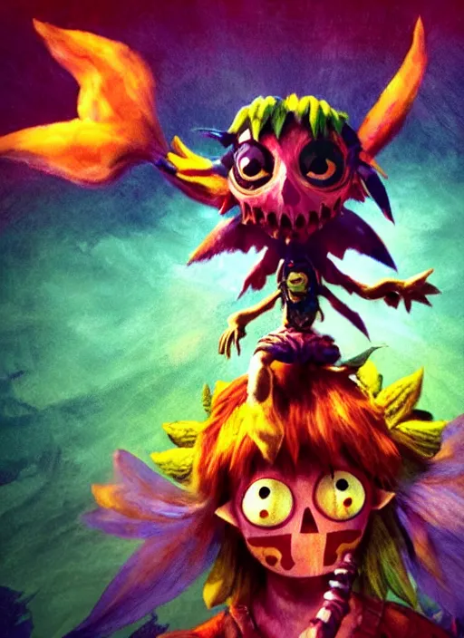 Image similar to skull kid from majoras mask floating in the air while looking at the viewer maniacally, legend of zelda fairy in the background, dramatic lighting, cinematic, film, dynamic pose, movie scene